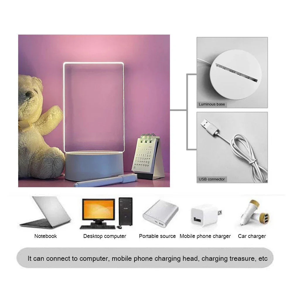 Transparent LED lamp, acrylic, with writing board and calendar