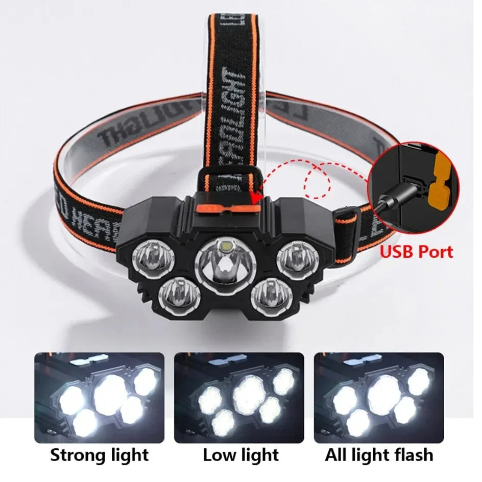 LED headlamp 5 diodes, rechargeable, strong light
