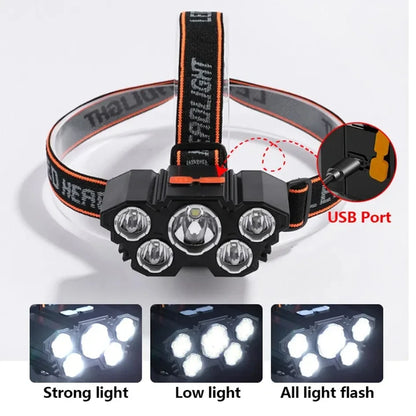 LED headlamp 5 diodes, rechargeable, strong light