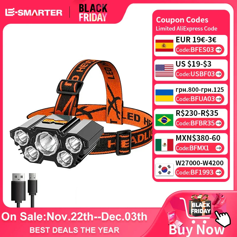 LED headlamp 5 diodes, rechargeable, strong light