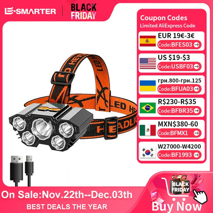 LED headlamp 5 diodes, rechargeable, strong light